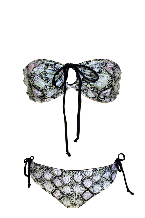 Bikini 4 Positions Réversible Cherie "Python Olive/Noir Solide"